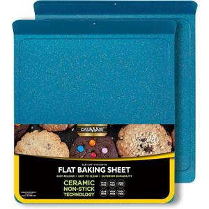 casaWare 2pc Large Flat Baking Cookie Sheet, 12.5 x 14-inch with a 1.5-inch Handle, Ceramic Non-Stick Coating (Blue Granite)