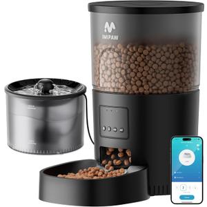 IMIPAW Automatic Cat Feeder 5G WiFi and Water Dispenser, Timed Dry Food Dispenser APP Remote Control, Programmable Portions, with Desiccant, Cat Fountains for Drinking with Filter, Small Pets (Combo) (Black)