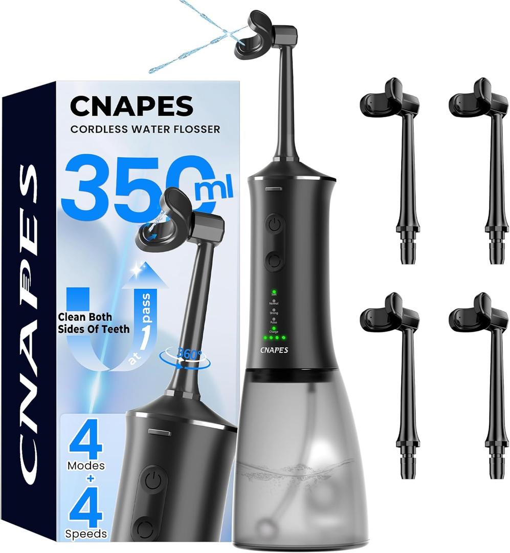 U-Shaped Water Flosser Cordless for Teeth- 4 Nozzles for 360 Deep Cleaning in 1 Pass, 350ML Large Tank, 16 Pressure Modes, 30-Day, Rechargeable Water Dental Picks for Travel/Braces, Waterproof (Dark Black)