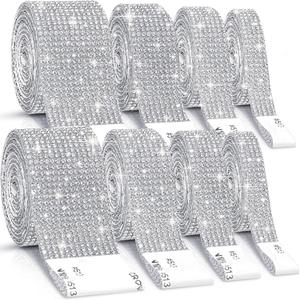 8 Rolls Rhinestone Ribbons,Cludoo 8 Yard Silver Self Adhesive Rhinestone Ribbon, Bling Crystal Diamond Ribbon Roll Wrap Glittering Rhinestones Sticker for Decoration Car DIY Arts Crafts Wedding (sliver)