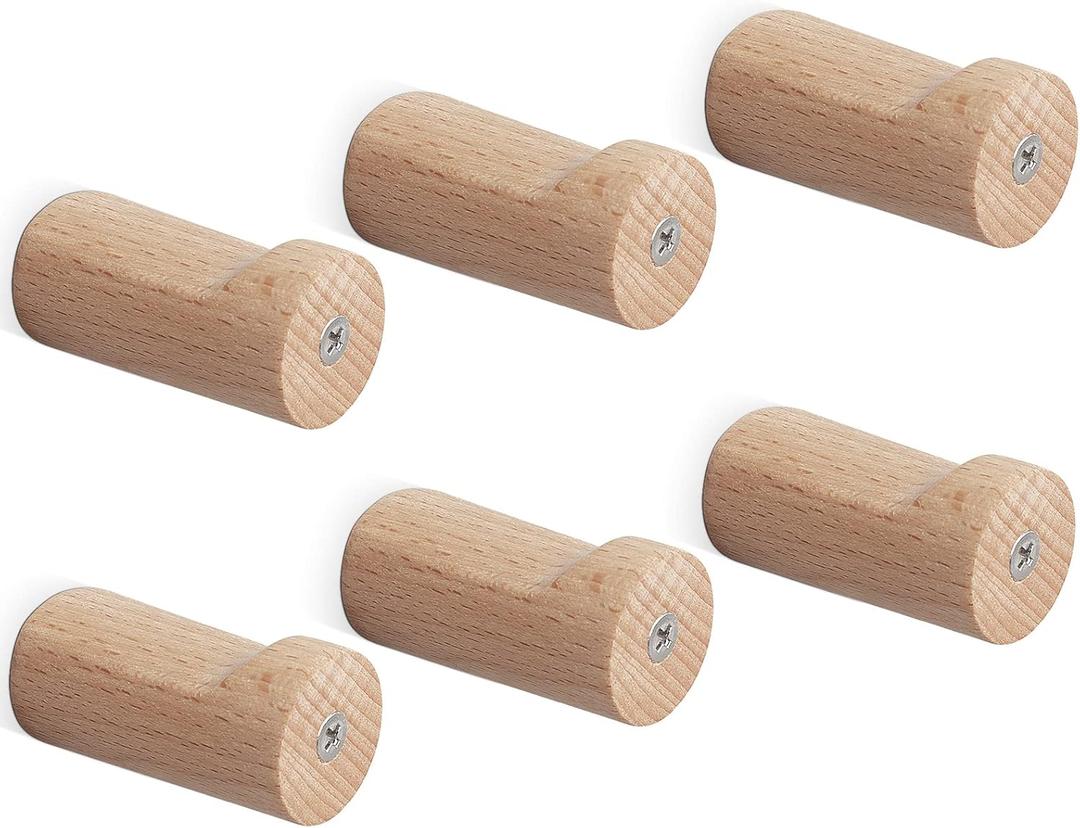 NearMoon Wood Wall Hooks, Natural Wooden Coat Hooks- Modern Handmade Decorative Hat Hangers Wall Mounted, Heavy Duty Rustic Pegs for Hanging Towel Bag Clothes, 6 Pack (Beech)