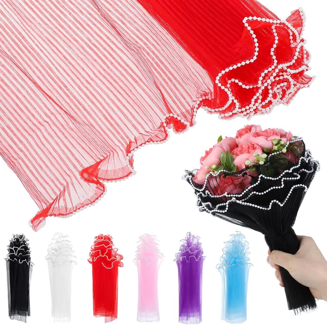 NUOBESTY 6Pcs Floral Wrapping Mesh Yarn Wave Pattern Flower Bouquet Sleeves for Wedding Party Decoration 4 Yards Each