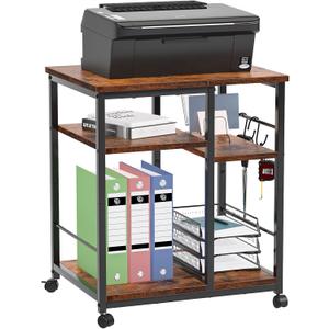 Furologee 3 Tier Printer Stand for Home Office Organization, Mobile Printer Cart with Wheels and 2 Hooks, Under Desk Shelf with Storage, for Living Room, Kitchen, Rustic Brown