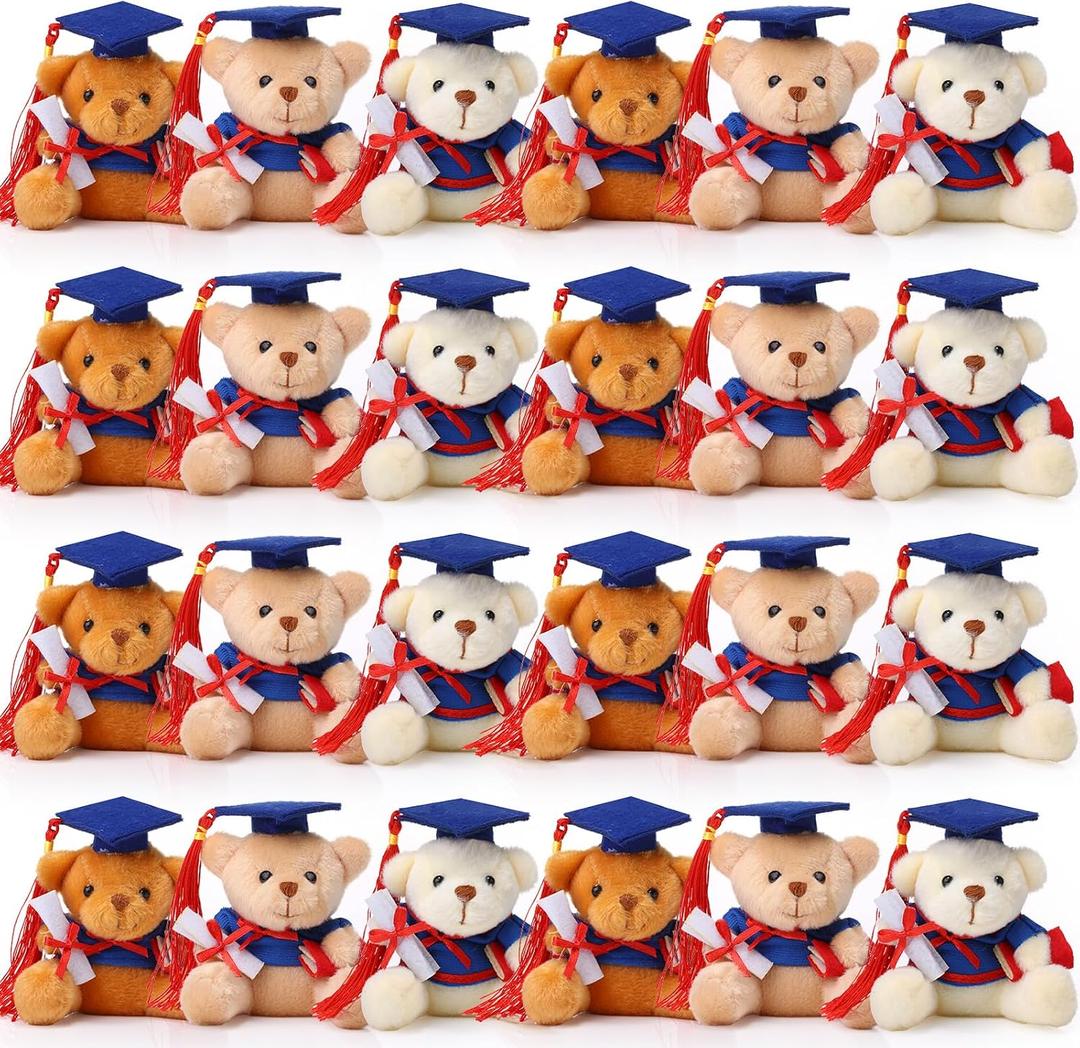 Zomiboo 24 Pcs 2026 Graduation Bears Bulk 3.54 Inches Mini Graduation Plush Tiny Bear Grad Stuffed Animals with Cap for Ceremony Party Gifts(Blue Cap)