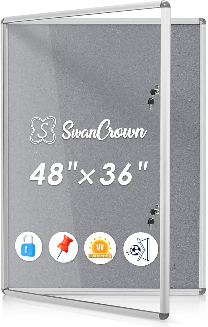 SWANCROWN 38x38 in Enclosed Bulletin Board, Wall Display Case Message Board | Tamperproof, Shatterproof, 2 Locks, Smooth Grey Felt, Silver Aluminum Frame, Display Case for Office, School, Business