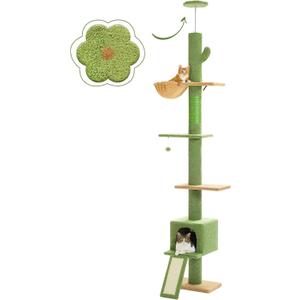 PEQULTI Cat Tree Floor to Ceiling,Cactus Tall Cat Tower, Adjustable Height (83''-108'') 5 Tiers Climbing Tree for Indoor Cats with Cat Condo, Scratching Post and Ladder, Green