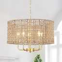 5-Light Gold Hand-Woven Rattan Chandelier Large Farmhouse Boho Chandeliers with Wicker Shade Rustic Drum Light Fixtures for Dining Room Kitchen Living Room Foyer Entryway Hallway, E12