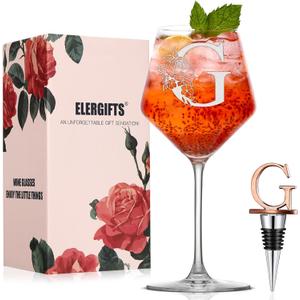 Personalized Gifts for Women Monogrammed A-Z Wine Glass with Wine Stopper, Unique Birthday, Engagement, Bridesmaid or Wedding Gift for Mom, Friend, Sister, Wife, Dishwasher Safe (G)