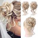 HOOJIH 2PCS Messy Bun Hair Piece, Curly Wavy Hair Wrap Ponytail Hairpieces, Light Golden Blonde with White Blonde