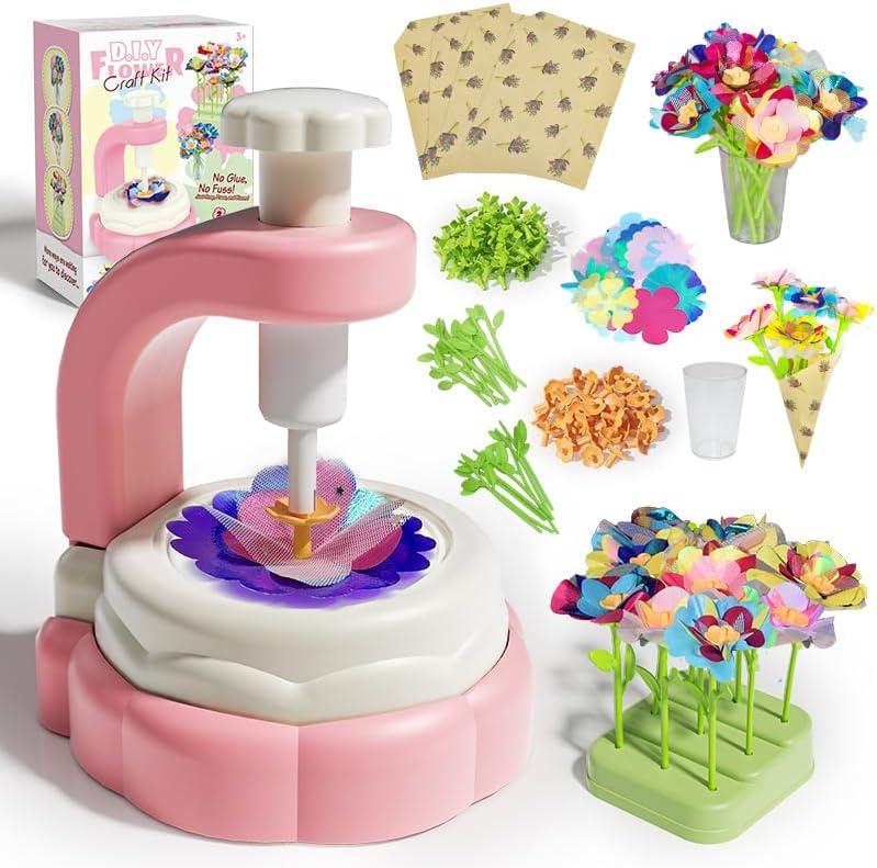 Bo-Toys DIY Fabric Flower Bouquet Kit  Kids Arts & Crafts Set with Embossing Machine, 28 Flowers, Vase & Base  Creative Preschool Activity Gift for Girls and Boys