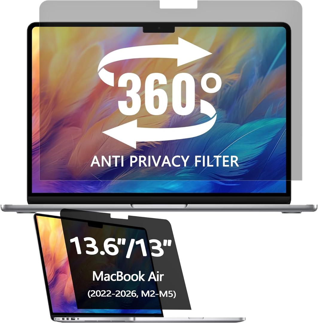 360 Privacy Screen Protector for Macbook Air 13.6/13 Inch (2022-2026, M2, M3M4,M5), Privacy Screen Filter for Macbook Air 13.6 Inch, Anti-Spy/Anti Fingerprint/Anti Blue Light/Anti Glare