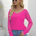 AISEW Womens Long/Short Sleeve V Neck T-Shirt Striped Sheer Mesh Raglan Tees Loose Casual Tops (Pink, M)