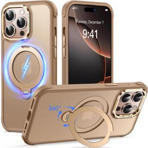 Reukdnv [Invisible 360 Spin Stand Magnetic Ring for iPhone 14 Pro Max Case [Compatible with MagSafe][Translucent Matte Back] Military Drop Protection Shockproof Cover with Kickstand 6.7",Desert Gold