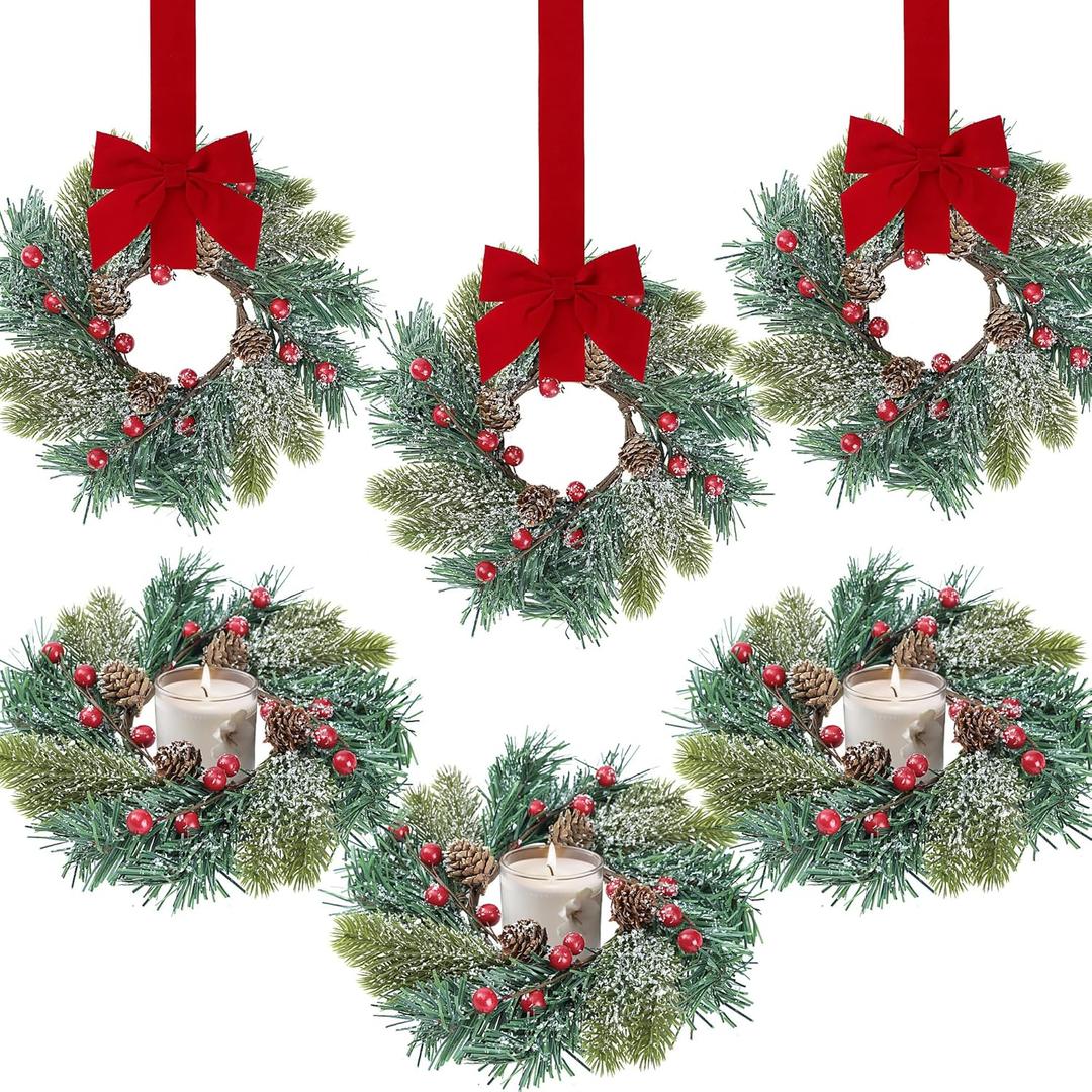 Sggvecsy 6 Pcs Christmas Candle Rings Norfolk Pine Wreath Table Centerpieces Artificial Red Berries Pinecones Small Wreaths Kitchen Cabinets Pillars Mini Candle Rings for Window Front Door Decor (9 inches diameter (6 Pieces))