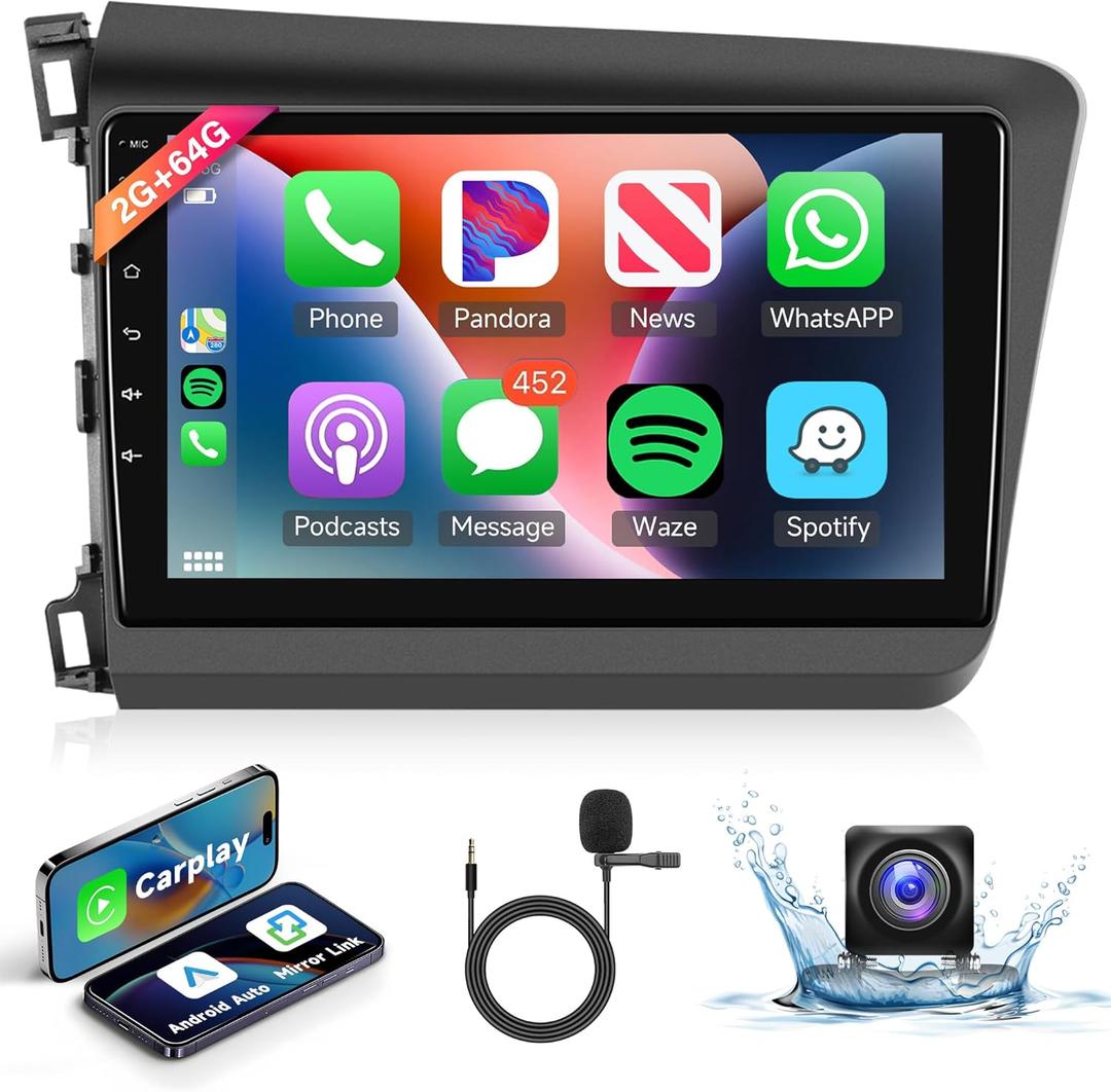 2+64G Android Car Stereo for Honda Civic 2012 2013 2014 2015 with Wireless Carplay Android Auto Car Radio, 9 Head Unit Touch Screen with Mirror Link WiFi GPS Bluetooth FM/RDS EQ Backup Camera SWC