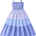 Hilinker Girls Cute Smocked Dress Summer Sleeveless Shirred Tiered Ruffle Dresses Blue 9-10Y