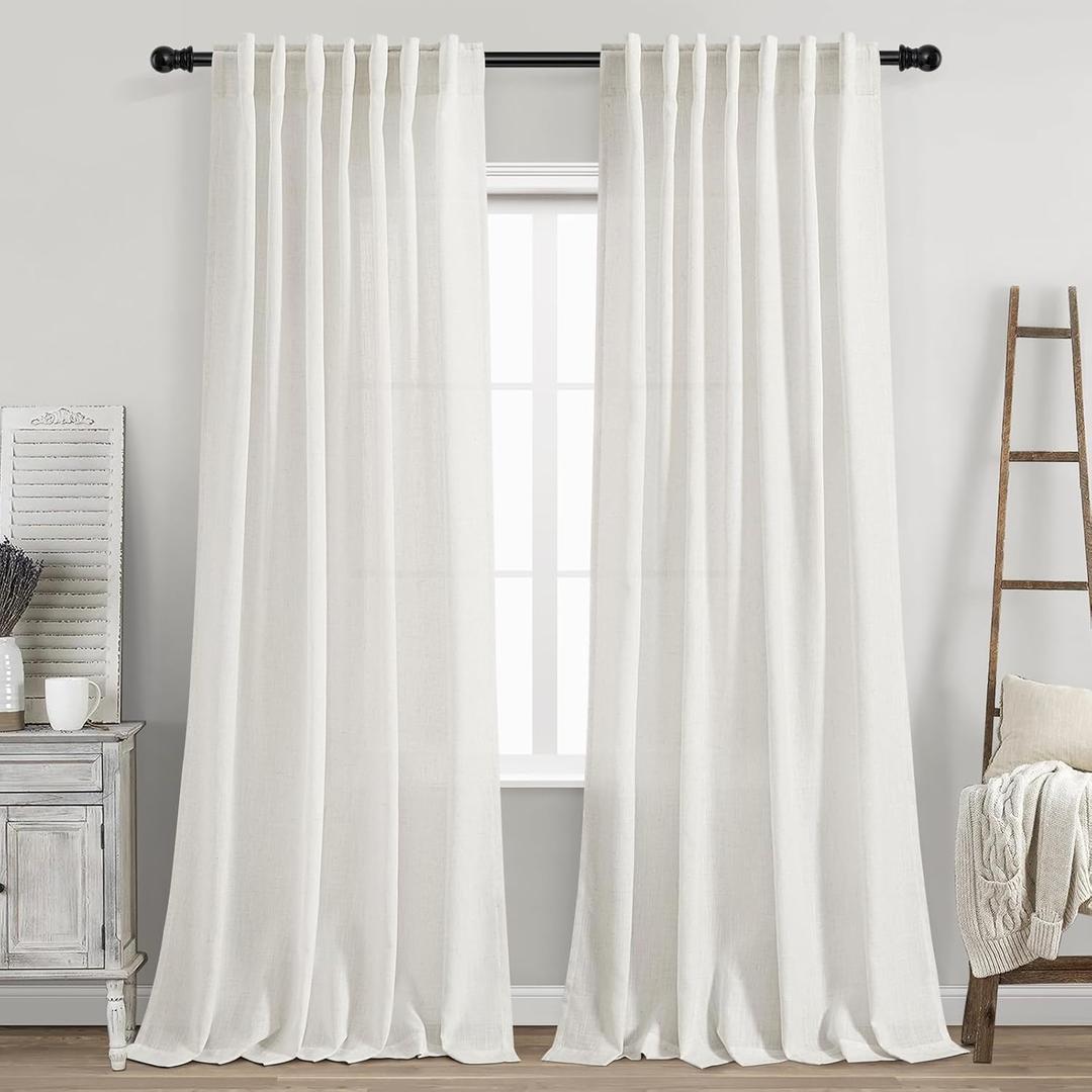 Nanspring Beige White Linen Curtains 84 Inch Length 2 Panels Set for Living Room Rod Pocket Back Tab Light Filtering Window Drapes for Bedroom Dining Room Protect Privacy Home Decor