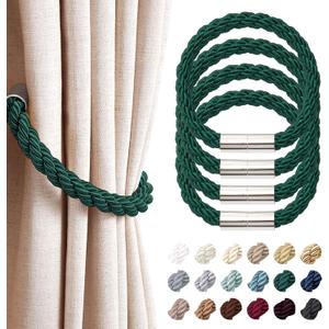 NICEEC 4 Pack Strong Magnetic Curtain Tiebacks Modern Simple Style Drape Tie Backs Convenient Decorative Weave Rope Curtain Holdbacks for Thin or Thick Home & Office Window Draperies (Green)
