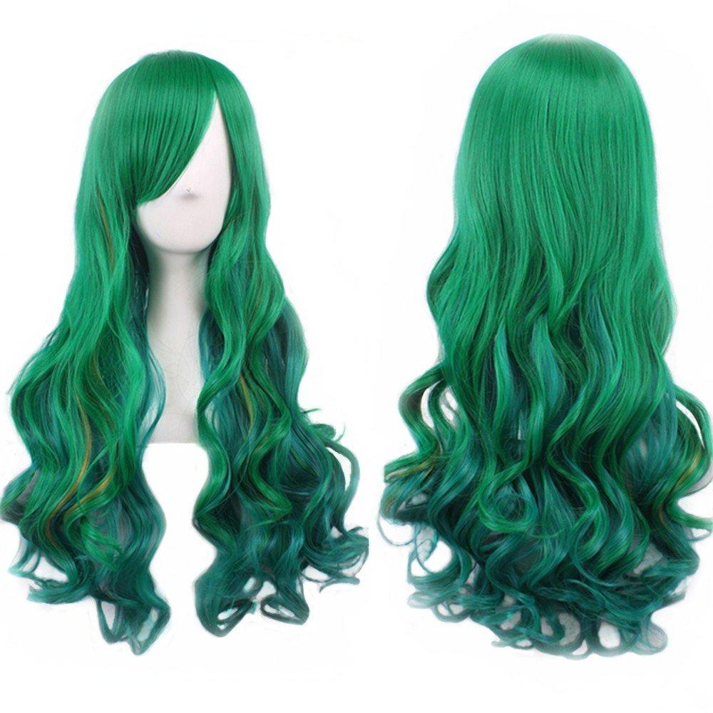 Long Green Wigs for Women St Patricks Day Green Wig with Bangs Curly Wavy Soft Synthetic Wig 
