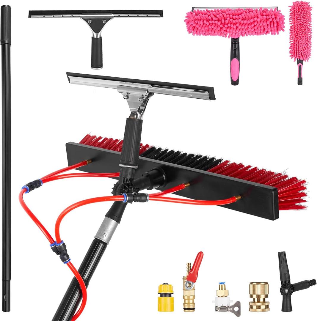 35ft Long Reach Solar Panel Cleaning Brush & Squeegee Kit, Aluminum Extendable Water Fed Pole Kit, 22in Wide Brush,Squeegee, Bendable Dusting Brush, Outdoor Window Washing Equipment Tool Kit, Large