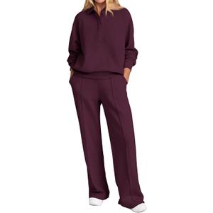 PRETTYGARDEN Women Fall 2 Piece Outfits Sweatsuits Quarter Button Long Sleeve Sweatshirt Wide Leg Pants Tracksuit Lounge Sets (Silver, XXXL)