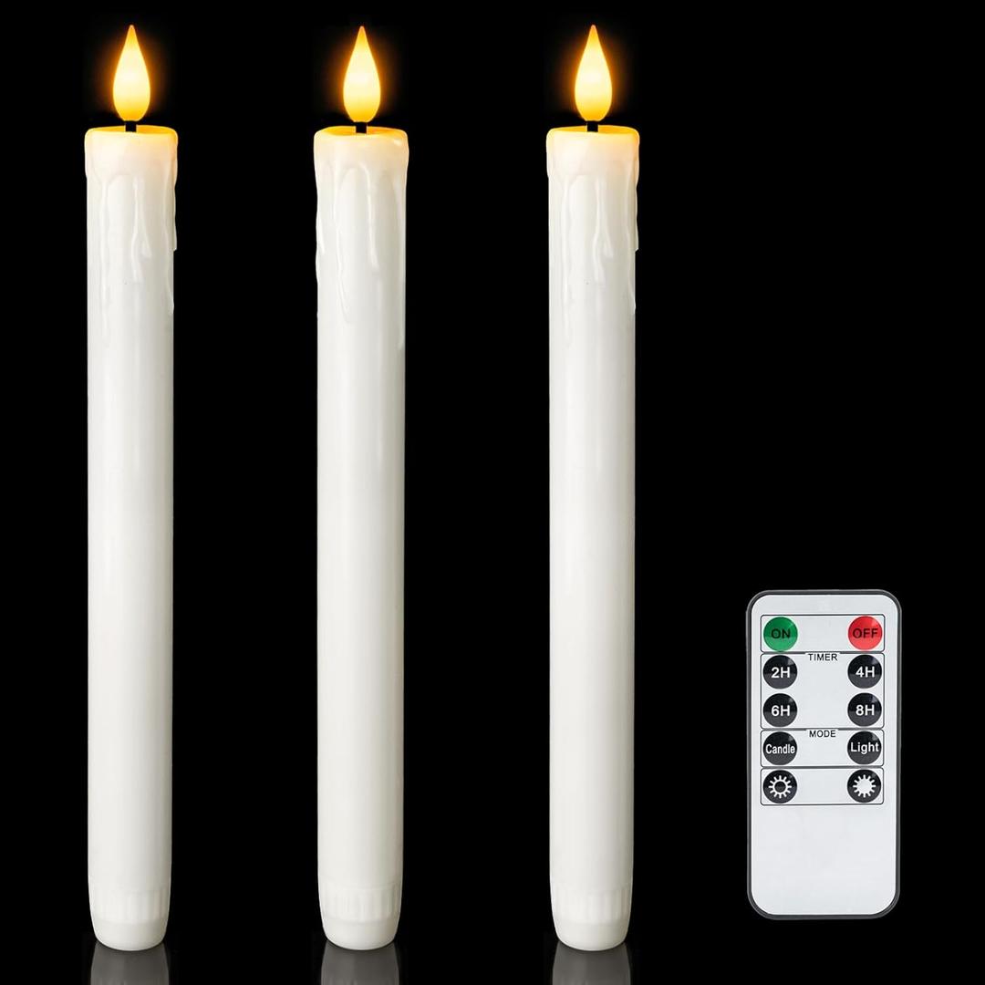 Homemory 3 Pcs Real Wax Flameless Taper Candles with Remote Timer and Dimmer, Battery Operated Candlesticks with Flickering Light, White Window Candles, 9.6 Inches for for Wedding Home Decor