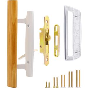Patio Sliding Glass Door Handle with Mortise Lock 45 Keyway, Non-keyed Oak Wood Inside Handles and Zinc Diecast Outside Pull, 3-15/16" H.C., Non-Handed, White