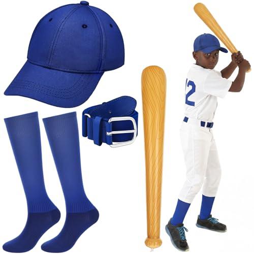 Janmercy 4 Pack Baseball Costume Accessories Include Youth Royal Blue Socks Belt Cap and Inflatable Bat Baseball Combo Set for Black History Month Community Cosplay Event Halloween Player