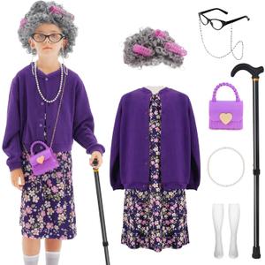WooWee Kids Girl 100 Days of School Costume, Old Lady Costume for Kids, Halloween Cosplay Dress Up (5-7y, Purple)