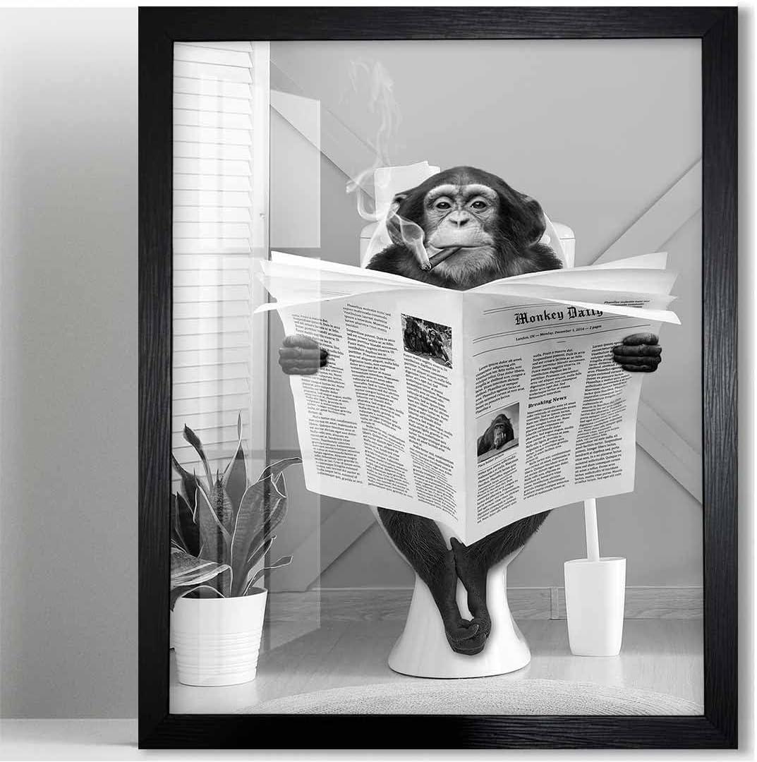 Biufo Bathroom Wall Decor, Monkey on Toilet Framed Wall Art, Animal Canvas Print Poster, Restroom Bathroom Decoration (8"x10") (Grey J)