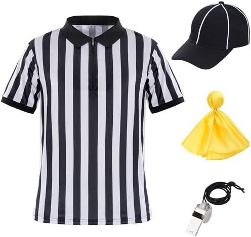 obmwang Referee Shirt for Womens and Mens, Stripe Umpire Jersey Referee Hat Yellow Penalty Flag and Whistle for Halloween XL
