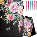 MonsDirect Case for iPad (A16) 11th Generation 11 Inch 2025 / iPad 10th Generation 10.9 Inch 2022, Slim Suede TPU Inner Cover with Stand, with Smart Auto Wake/Sleep & Pencil Holder, Black Peony