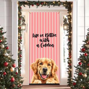 Pink Golden Retriever Door Cover Banner, Life Is Better with a Golden Front Door Cover Photography Background Decor for Porch Entryway Wall Hanging Decoration, 35 * 79 Inch