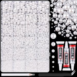 14000Pcs Flatback Pearls for Crafting (White), Assorted Size 2/3/4/5/6/8/10mm Half Pearl Bead Gems with 3Pcs 10ml B7000 Jewelry Glue, Bedazzling Kit for Crafts Shoes Graduation Cap Nail Art