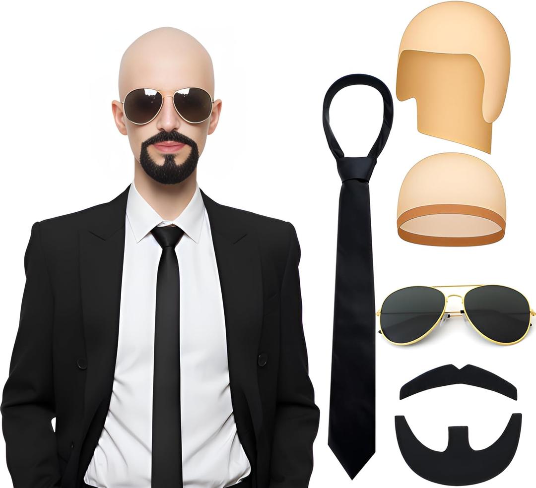 Mepase 5 Pcs Halloween Mr World Costume Accessories Bald Cap Glasses Black Tie Mustache Set for Women Men Halloween Cosplay