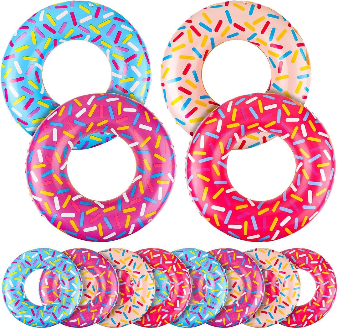 Meooeck 12 Pcs Inflatable Donut Assorted Inflatable Suckers Birthday Party Decoration Candy Balloons Props Favors for Swimming Pool, 4 Styles