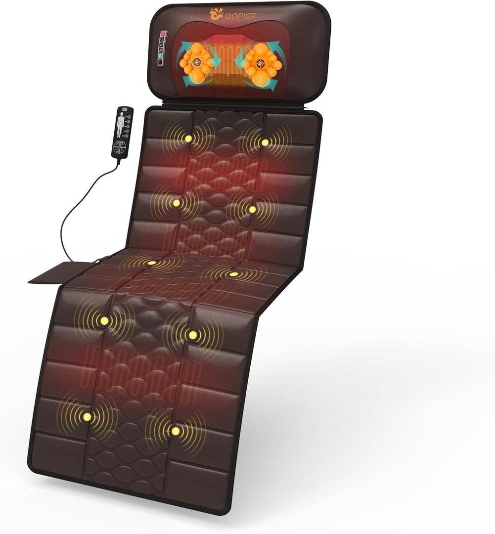 Massage-Mat, Detachable Neck Massager, Full Body Vibration Heating, Massage Pad with 10 Vibrating Motors and 9 Speed Settings for Home Office Use, Brown