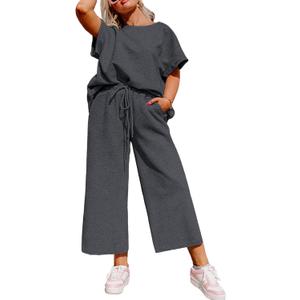 Eytino Plus Size Tracksuits for Women Casual Lounge Sets Crewneck Short Sleeve Tops Drawstring High Waist Wide Leg Sweatpants Lounge Sets with Pockets Medium Grey 1X