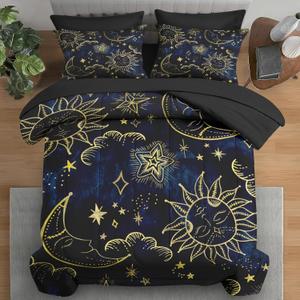 Comforter Set Full Size, Astrology Colorful Retro 7 Pcs Bedding for Kids and Adults, Zodiac Sun Moon Galaxy Bed Sheet Sets with Fitted Sheet 2 Pillowcase & 2 Sham for Bedroom Bed Decor