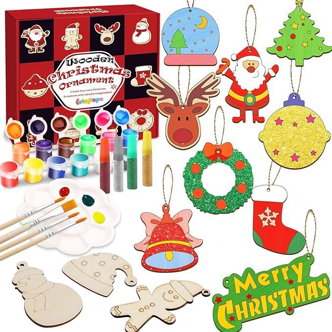Christmas Crafts for Kids,36 Pcs Wooden Christmas Ornaments with Ropes for Hanging Decoration, 12 Styles Unfinished Wood Slices with Hole, DIY Ornament Craft for Boys & Girls Aged 5 6 7 8 9 10 11 12
