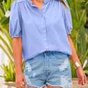 PRETTYGARDEN Women's 2026 Summer Button Down Shirts Short Lantern Sleeve V Neck Cotton Cute Tops Dressy Casual Blouses (L)