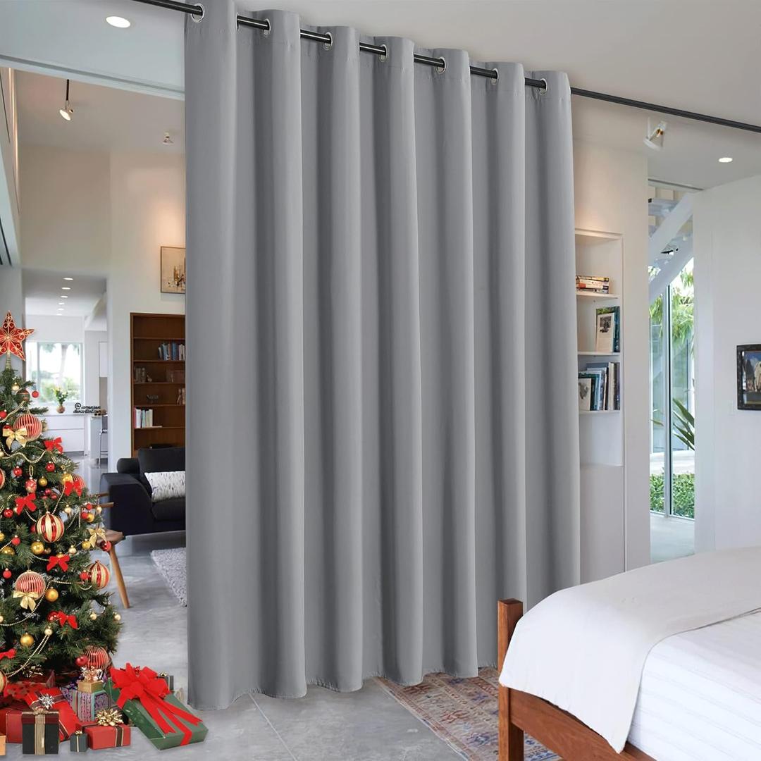 RYB HOME Privacy Curtain for Sliding Glass Door, Light Block Noise Reduce Insulated Curtain Screen Ceiling to Floor for Locker Room Basement Bedroom Closet, 100 inch Wide x 96 inch Long, Light Grey