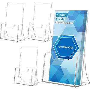 4 Pack Acrylic Brochure Holder,6 x 9 Inches Slant Back Design Transparent Tabletop Brochure Display Stand, Brochure Flyer Holder for Magazines, Brochures, Menus