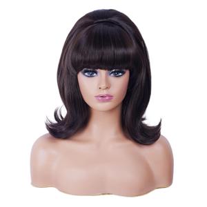 Rugelyss Short Wavy Dark Brown Chocolate Wig with Bang Big Bouffant Beehive Wigs for Women fits 80s Costume or Halloween Party