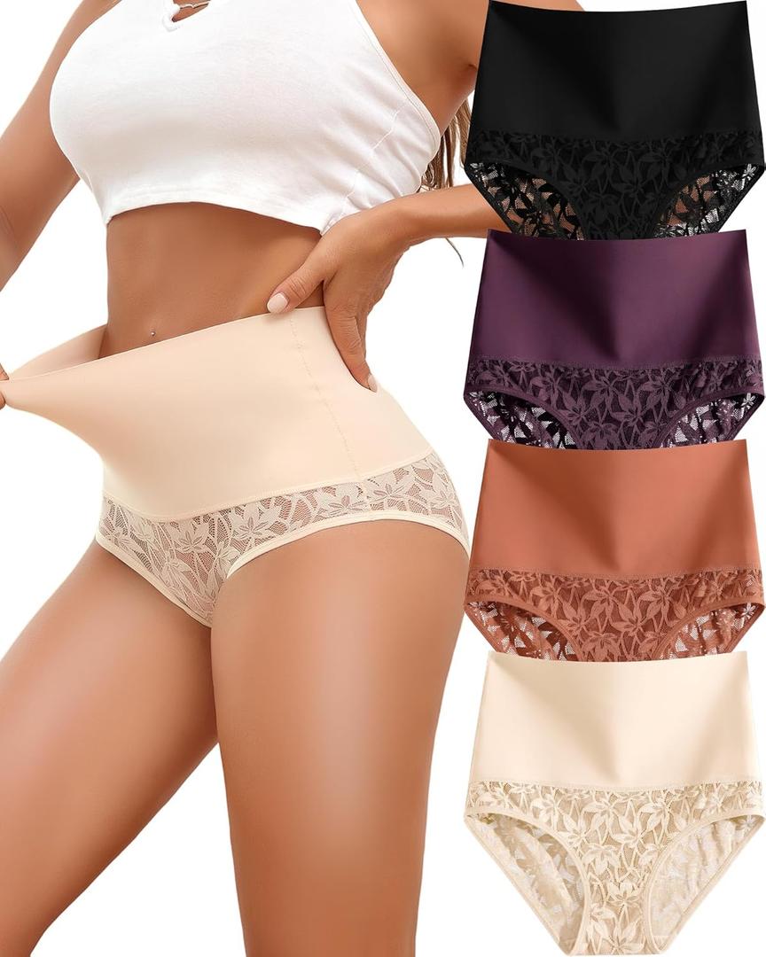 Shapewear for Women Tummy Control High Waisted Seamless Womens Underwear 4-Pack Sexy Lace Plus Size Panties (M)