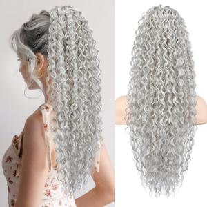 Flufymooz Ponytail Extension, 26 Inch Bohemian Style Drawstring Ponytail Hair Extensions for Women, Long Curly Wavy Pony Tail Natural Synthetic Hairpiece for Women (Grey/Silver/White Mixed)