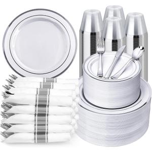 BESTVIP 700PCS Silver Plastic Dinnerware Set for 100 Guests, Disposable Plates for Party, Include: 200 Plastic Plates, 100 Pre Rolled Napkins with Silver Silverware, 100 Cups for Christmas, Halloween