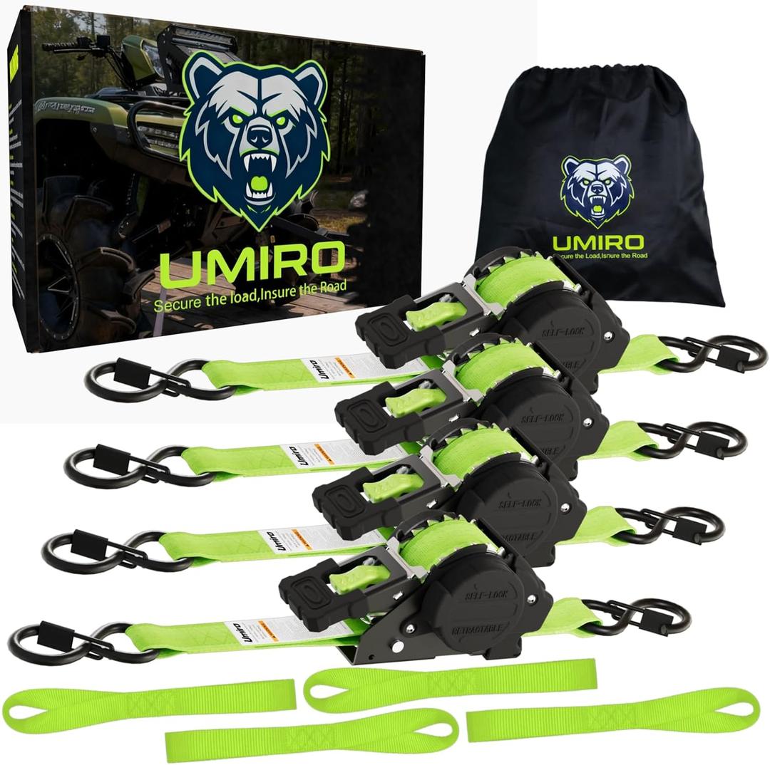 Retractable Ratchet Straps 1 Inch x 12 Feet Heavy Duty Tie Downs,1760lb Break Strength,Self Retracting for Truck,Cargo,Trailer,Motorcycle,ATV,UTV (Fluorescent Green, 4pack)