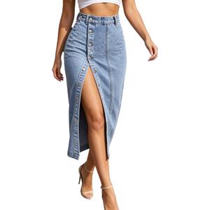 Nihsatin Women's Button Front Split Denim Midi Skirt High Waist Slim Fit Pencil Skirt (Medium, Blue)