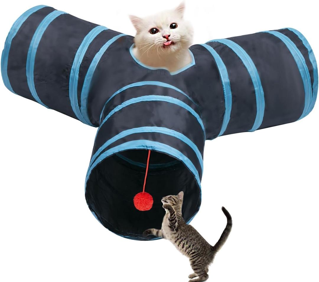Cat Tunnel Tube Toys, 3 Ways Tunnels for Indoor Cats with Play Ball
Collapsible Pet Tube with Interactive Peephole Interactive Toy for Rabbits, Kittens, Ferrets, Puppy(Blue Black)